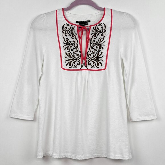 Boston Proper | White Top | Embroidered Tie Blouse | Size XS - Picture 1 of 12